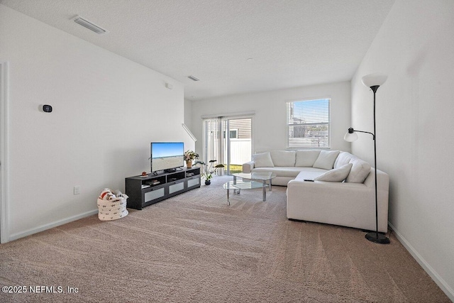 living room featuring a textured ceiling and carpet flooring