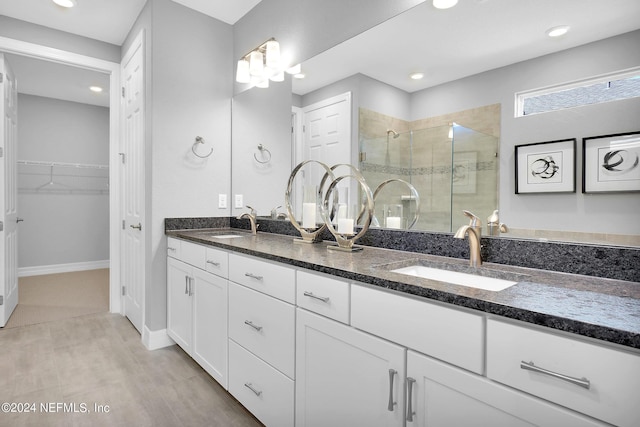 bathroom featuring vanity and a shower with door