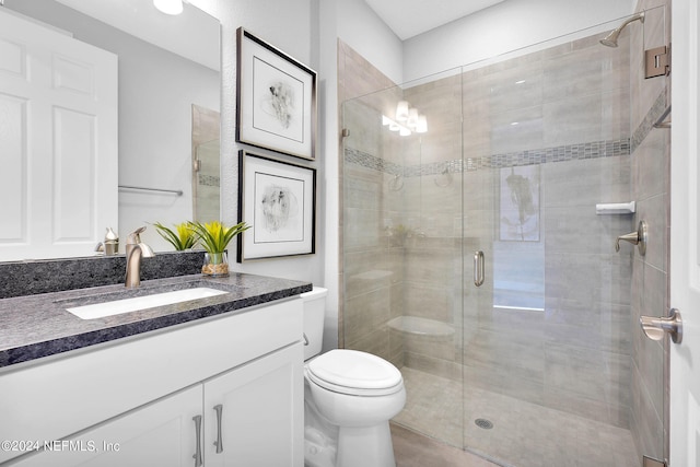 bathroom with vanity, an enclosed shower, and toilet