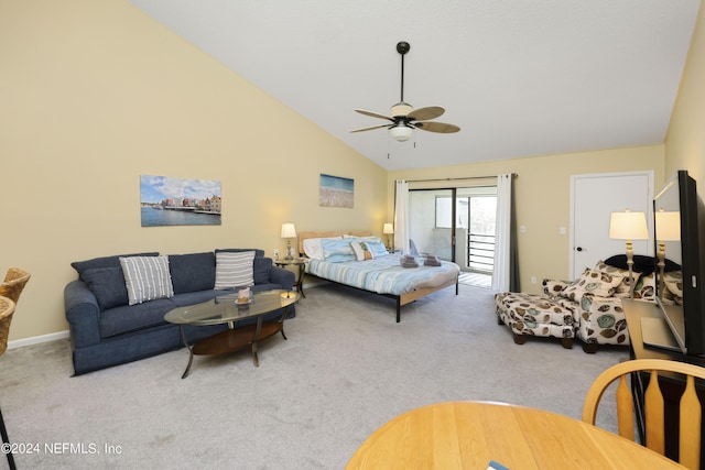 carpeted bedroom with ceiling fan, access to exterior, and vaulted ceiling