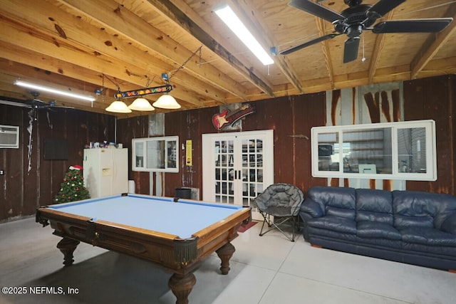 playroom with wood walls, french doors, ceiling fan, pool table, and a wall mounted AC