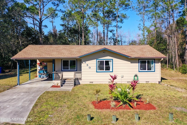 ranch-style house with a carport and a front lawn