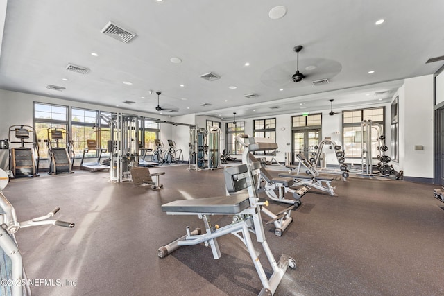 exercise room featuring ceiling fan