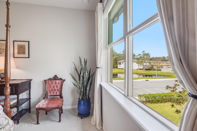 sitting room featuring a wealth of natural light and a water view