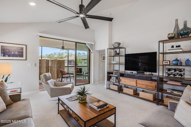 carpeted living room with vaulted ceiling