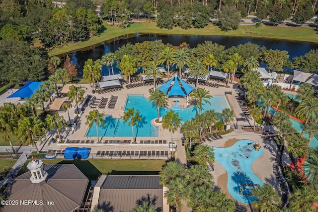 birds eye view of property featuring a water view