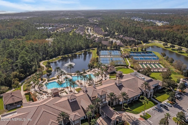 drone / aerial view featuring a water view