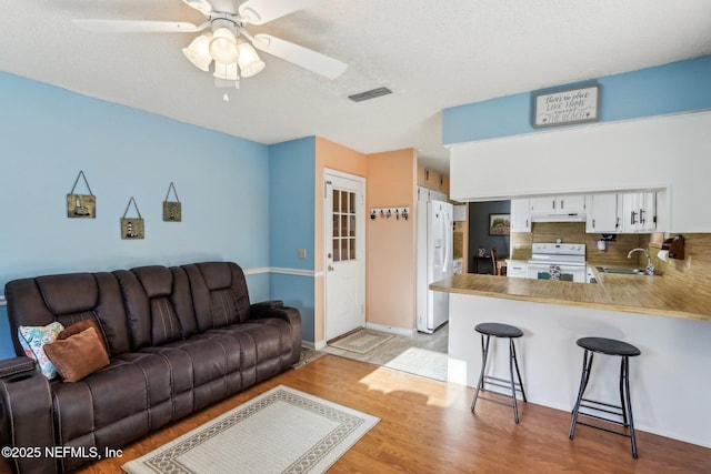 living room with ceiling fan, sink, a textured ceiling, and light wood-type flooring