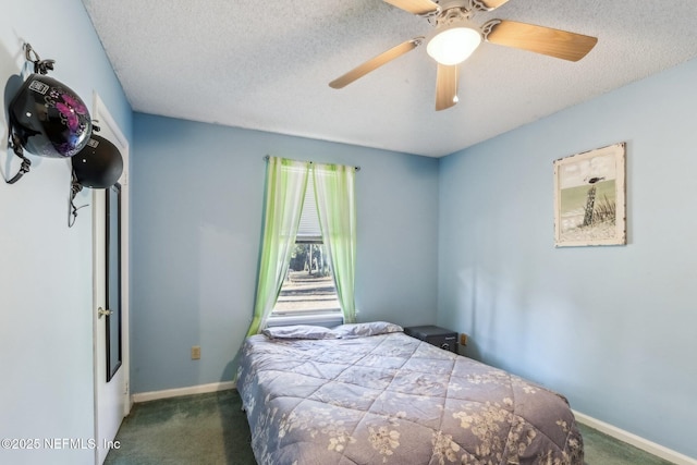 bedroom with dark carpet, a textured ceiling, and ceiling fan