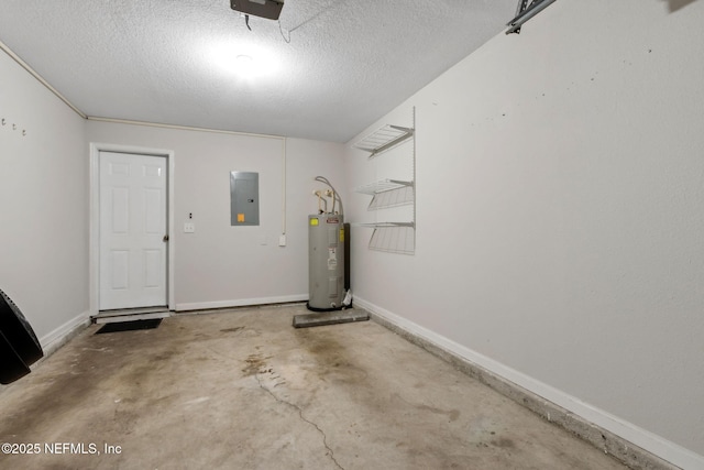 garage with a garage door opener, electric panel, and water heater