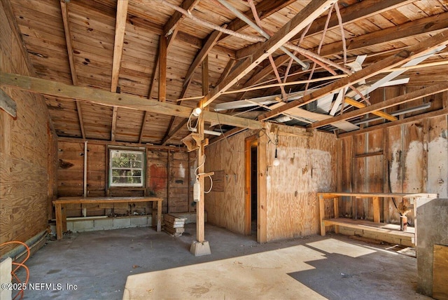 miscellaneous room featuring vaulted ceiling with beams and wooden ceiling