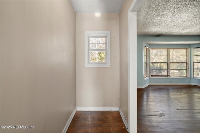 hall featuring a wealth of natural light, dark hardwood / wood-style flooring, and a textured ceiling