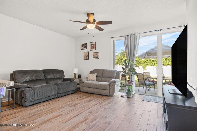 living room with ceiling fan and light hardwood / wood-style flooring