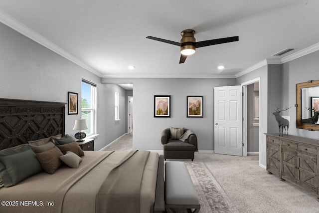 bedroom with ceiling fan, light colored carpet, and ornamental molding