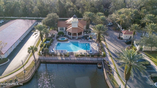 aerial view featuring a water view