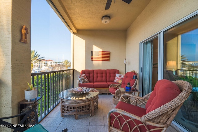 balcony featuring ceiling fan