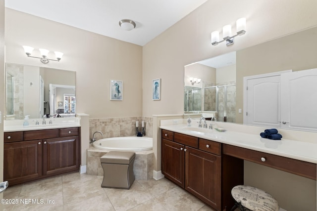 bathroom featuring tile patterned floors, plus walk in shower, and vanity