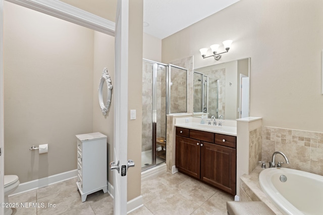 full bathroom featuring tile patterned flooring, vanity, toilet, and shower with separate bathtub