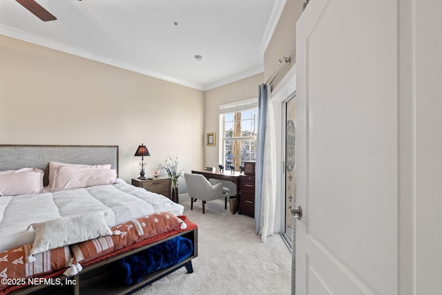 bedroom with light carpet, ceiling fan, and crown molding