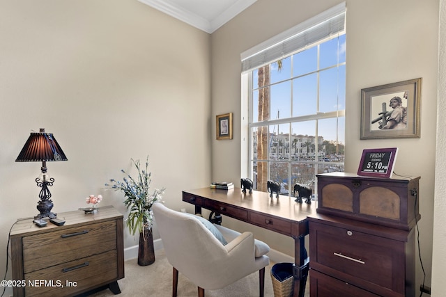 office space featuring ornamental molding and light carpet