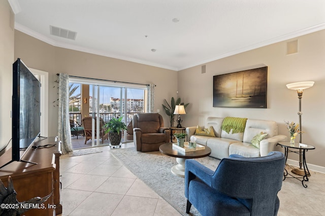 living room featuring light tile patterned flooring and crown molding