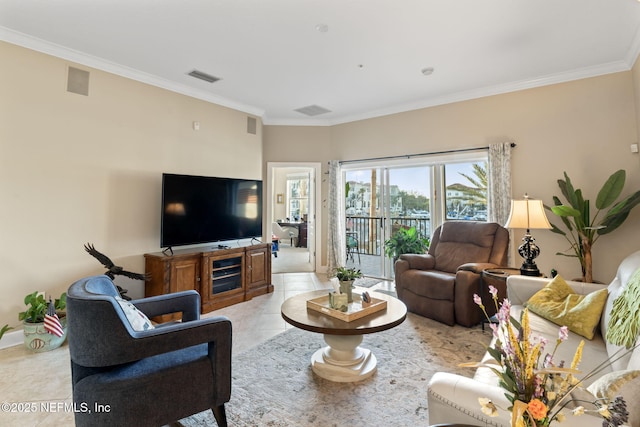 tiled living room with crown molding