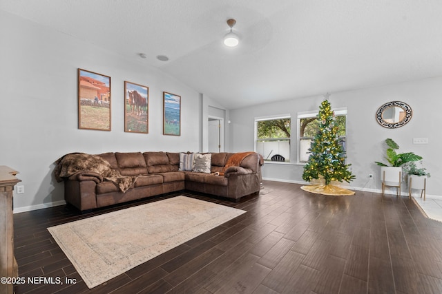 living room featuring lofted ceiling and dark wood-type flooring