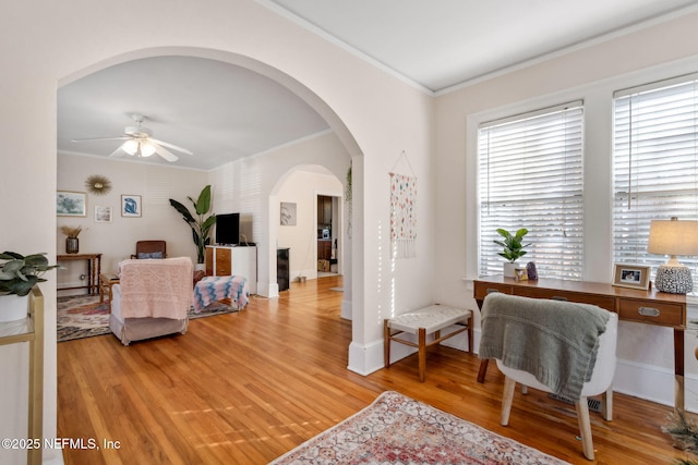 interior space with ceiling fan, light hardwood / wood-style flooring, and ornamental molding