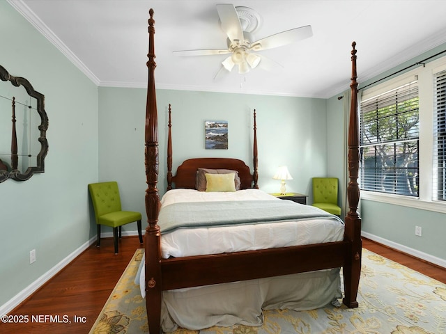 bedroom with wood-type flooring, ceiling fan, and ornamental molding