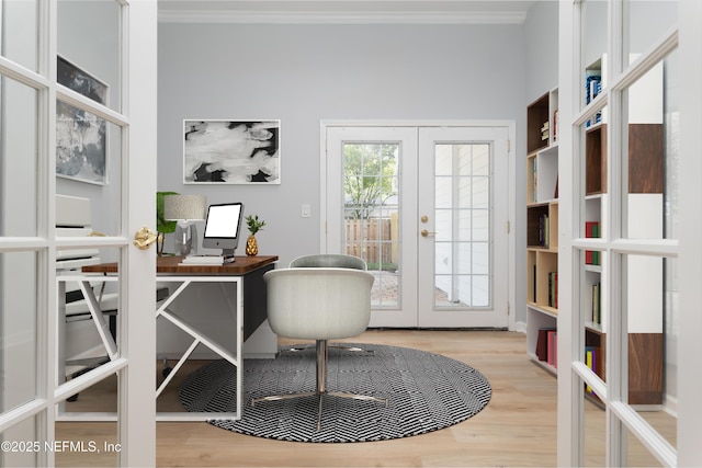 office space with french doors, hardwood / wood-style floors, and ornamental molding