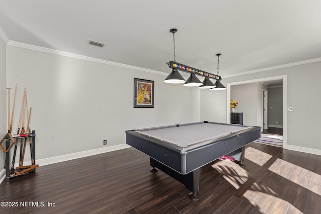 rec room with dark hardwood / wood-style floors, crown molding, and pool table