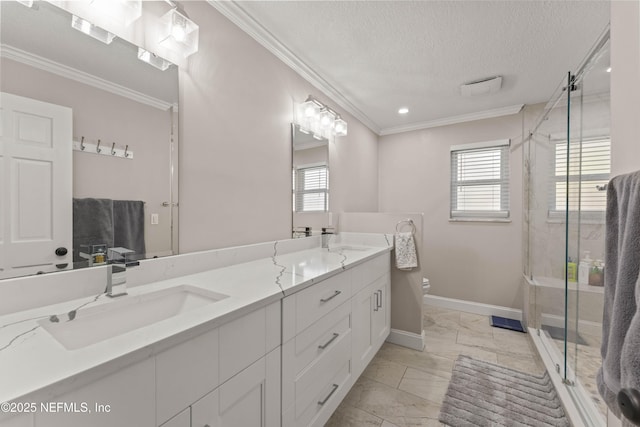 bathroom with a wealth of natural light, a textured ceiling, toilet, and an enclosed shower