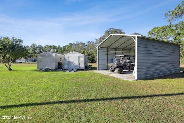 view of outdoor structure featuring a lawn and a carport