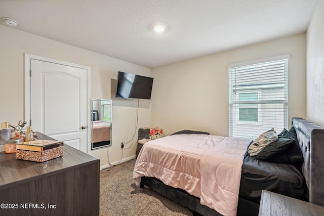 carpeted bedroom with a textured ceiling