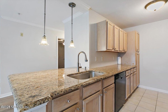 kitchen featuring kitchen peninsula, light stone counters, sink, pendant lighting, and dishwasher