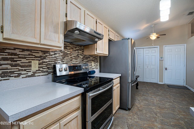 kitchen featuring light brown cabinetry, tasteful backsplash, vaulted ceiling, a textured ceiling, and stainless steel appliances