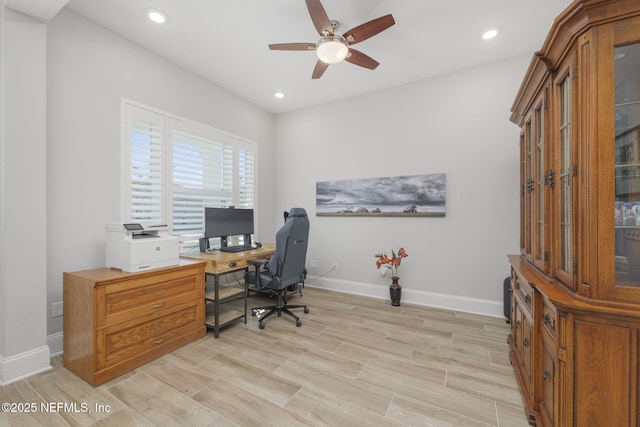 office space featuring a ceiling fan, wood finish floors, baseboards, and recessed lighting