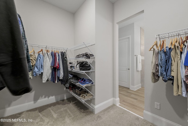 walk in closet with light colored carpet