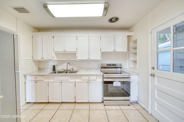 kitchen featuring white cabinetry, stainless steel electric range oven, and sink