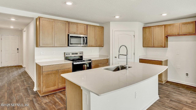 kitchen with dark hardwood / wood-style floors, sink, a kitchen island with sink, and appliances with stainless steel finishes