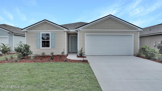 ranch-style house featuring a garage and a front yard