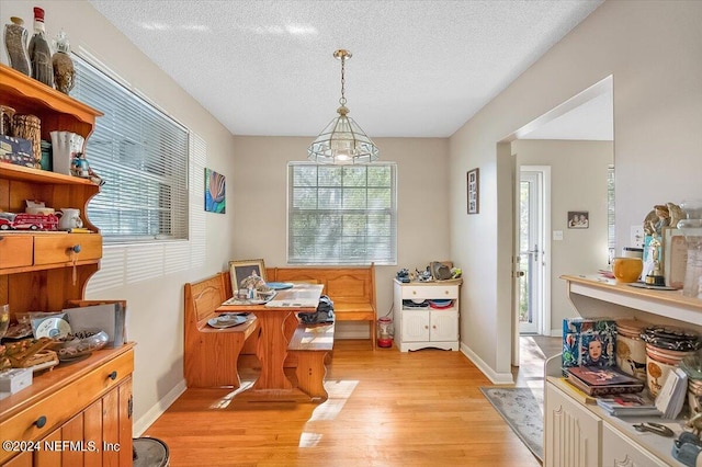 dining room with a textured ceiling, light wood-type flooring, and a wealth of natural light