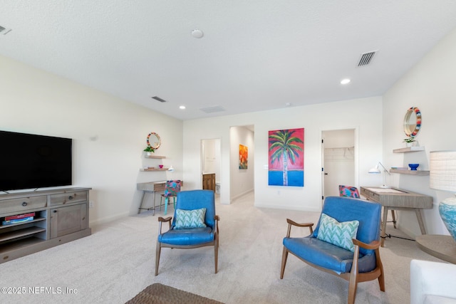 carpeted living room with a textured ceiling