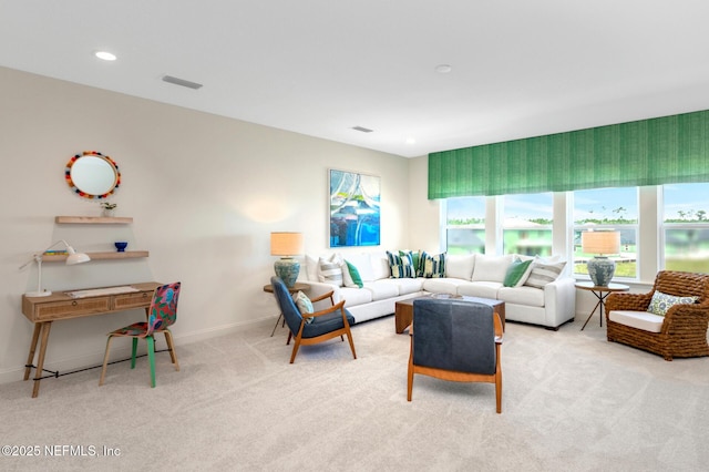 living room with light colored carpet