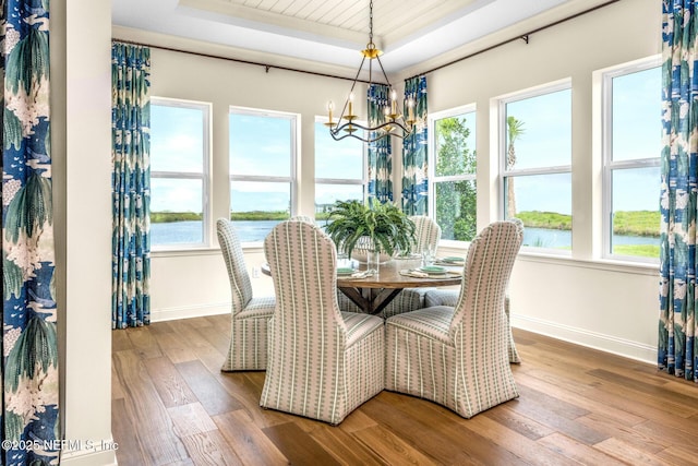 dining area with a tray ceiling, a chandelier, a water view, and wood-type flooring