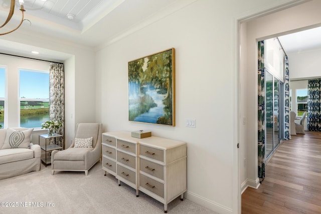 sitting room with light hardwood / wood-style floors, a water view, crown molding, and a tray ceiling