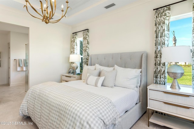 bedroom featuring a notable chandelier and ornamental molding