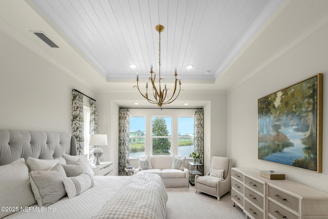 bedroom featuring a raised ceiling, wooden ceiling, a water view, and an inviting chandelier