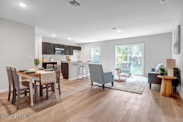 dining room featuring light hardwood / wood-style flooring, a textured ceiling, and sink