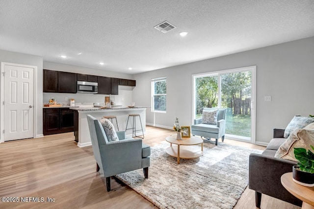 living room with a textured ceiling and light wood-type flooring